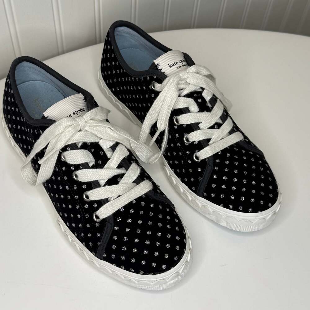Kate Spade Vale Black Velvet Sneakers Preppy Glitter Scalloped Holiday size 5
